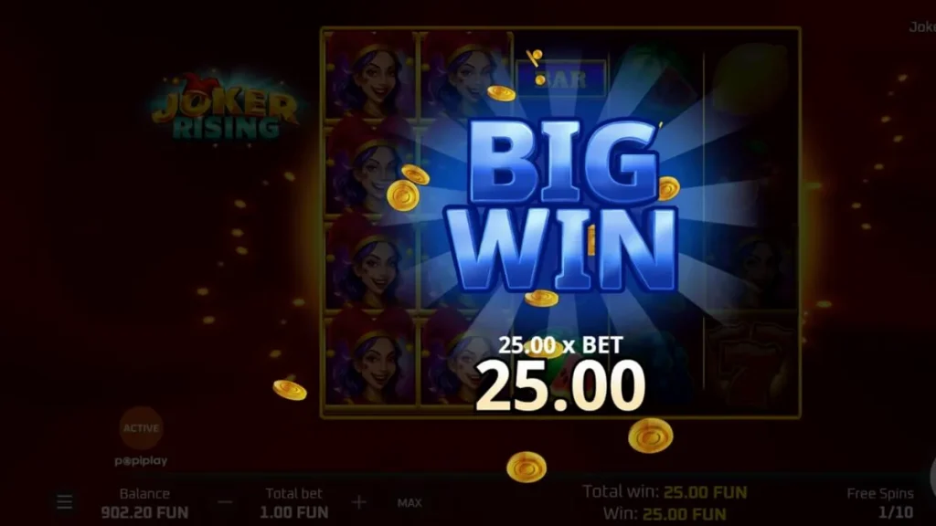 Joker Rising slot machine interface with neon fruit symbols and a female joker character.