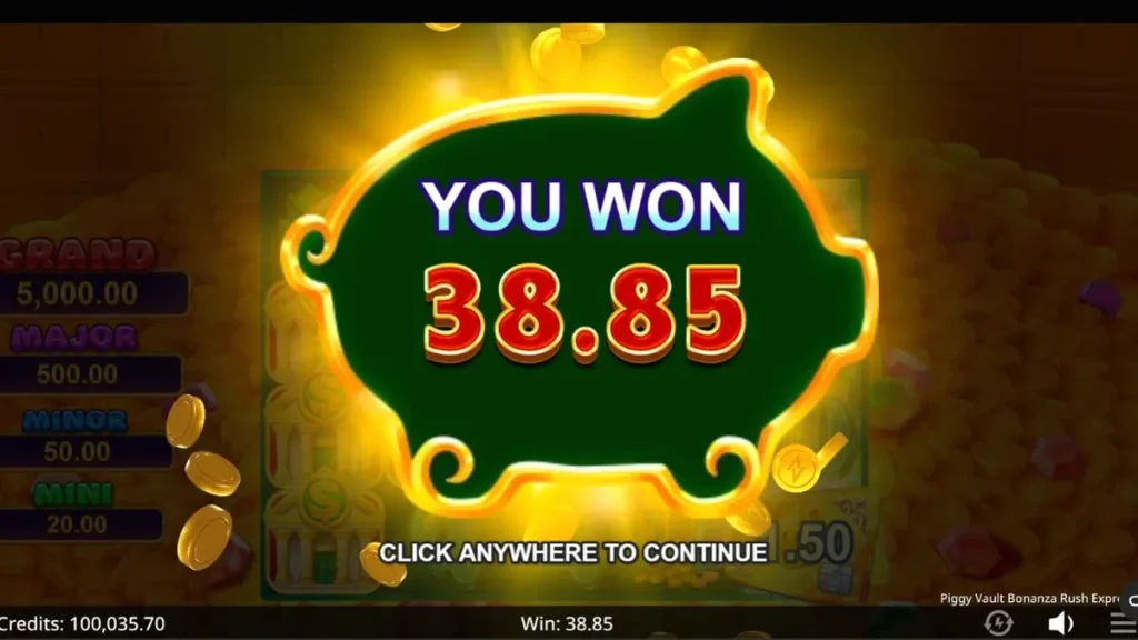Piggy Vault Bonanza Rush Express سلاٹ گیم کا لوگو اور پرتعیش بینکنگ تھیم